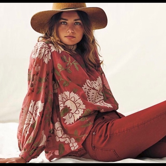 Anthropologie Tops - Anthropologie Rhododendron Floral Cross Stitch Look Balloon Sleeve Blouse Size 2